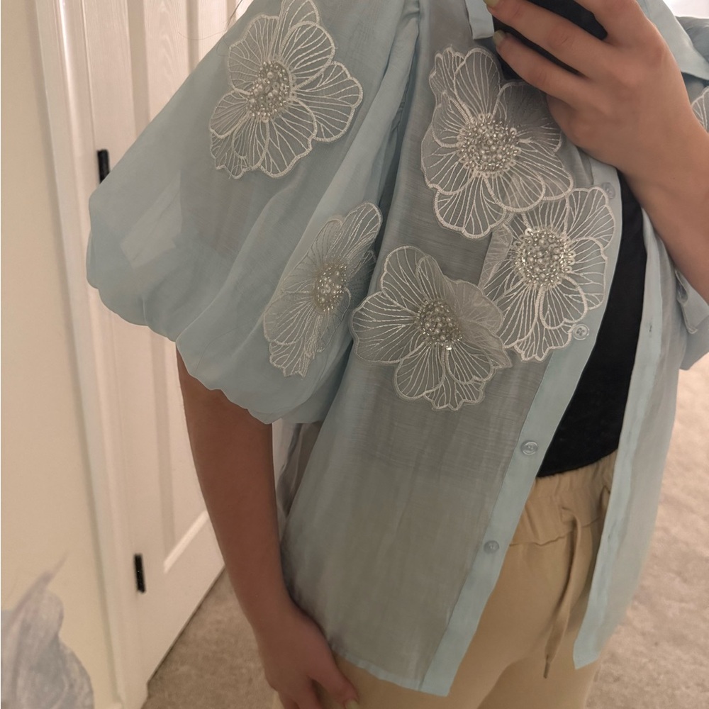 Sheer Blue Blouse with Floral Embroidery